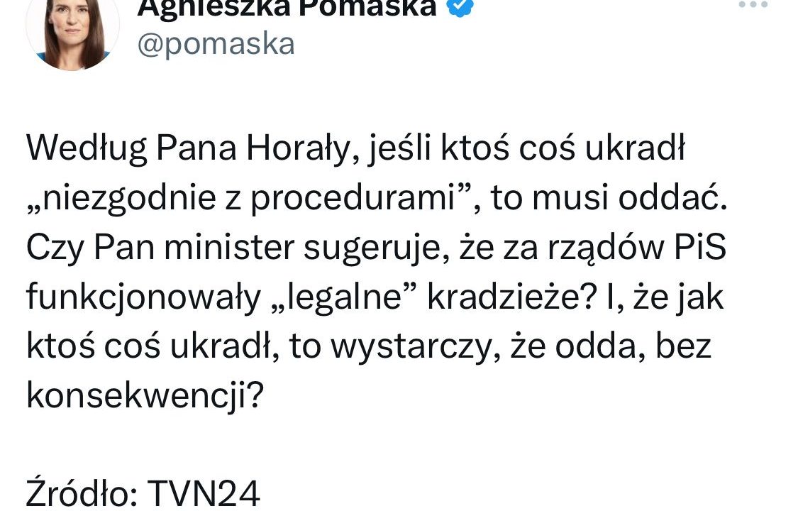 – Czy Pan minister sugeruje, że za rządów PiS funkcjonowały „legalne” kradzieże? – pyta posłanka Agnieszka Pomaska po wystąpieniu Marcina Horały w TVN24.